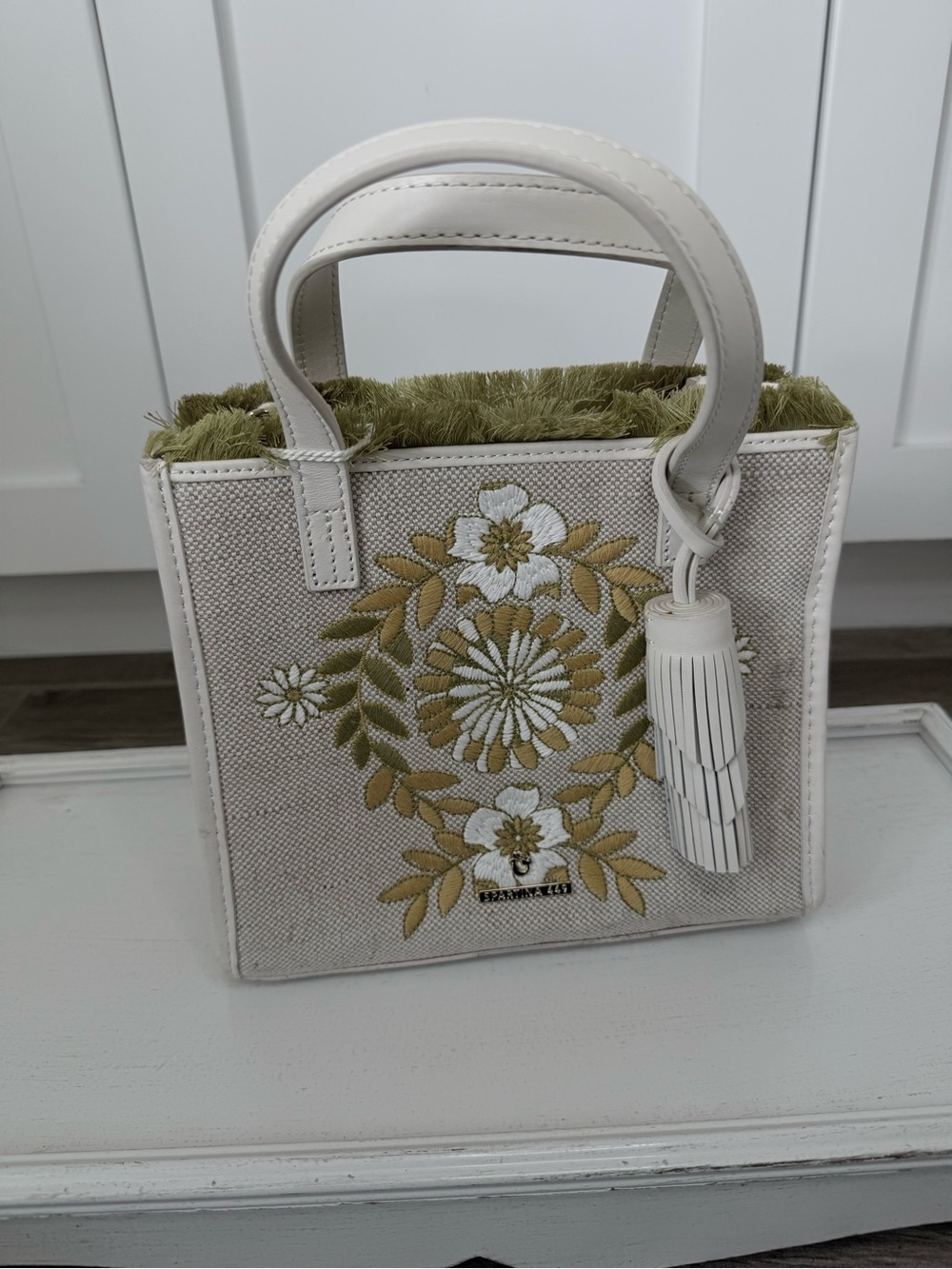 Spartina 449 Cream Canvas Mini Tote with Olive Embroidered Floral